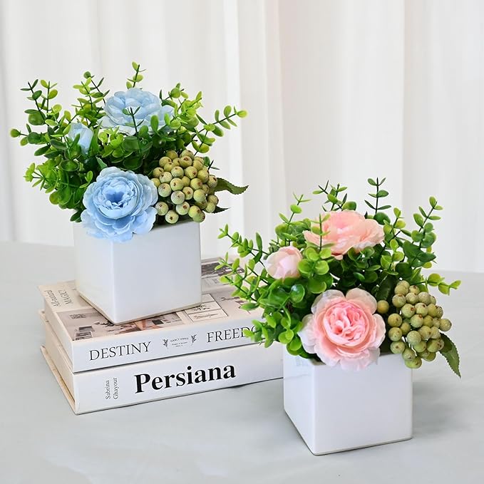 LADADA Artificial Blue Peony Flowers with Eucalyptus and Green Berries in White Square Vase - Fake Floral Arrangement for Home Decor, Table Centerpiece, Bathroom, Office, Wedding, Farmhouse Decor