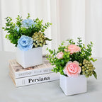 LADADA Artificial Blue Peony Flowers with Eucalyptus and Green Berries in White Square Vase - Fake Floral Arrangement for Home Decor, Table Centerpiece, Bathroom, Office, Wedding, Farmhouse Decor