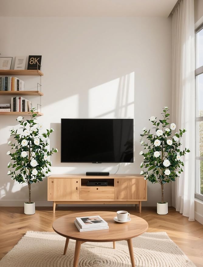 BLOSMON Artificial Trees for Home Decor: Indoor 4.9ft Tall Fake Plants Outdoor Camellia Flowers Tree for Front Porch - Faux White Rose Plant with Pot for Living Room Door Patio Deck Yard