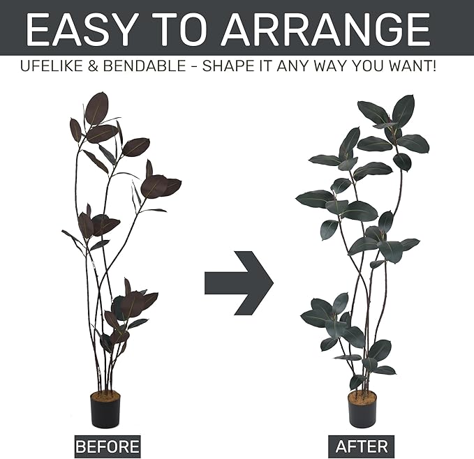 Artificial Rubber Tree 7FT(84in) Tall Faux Trees with Realistic Leaves, Fake Rubber Floor Potted Artificial Plants for Home Office Living Room Indoor Outdoor Decor (7feet,1Pack)