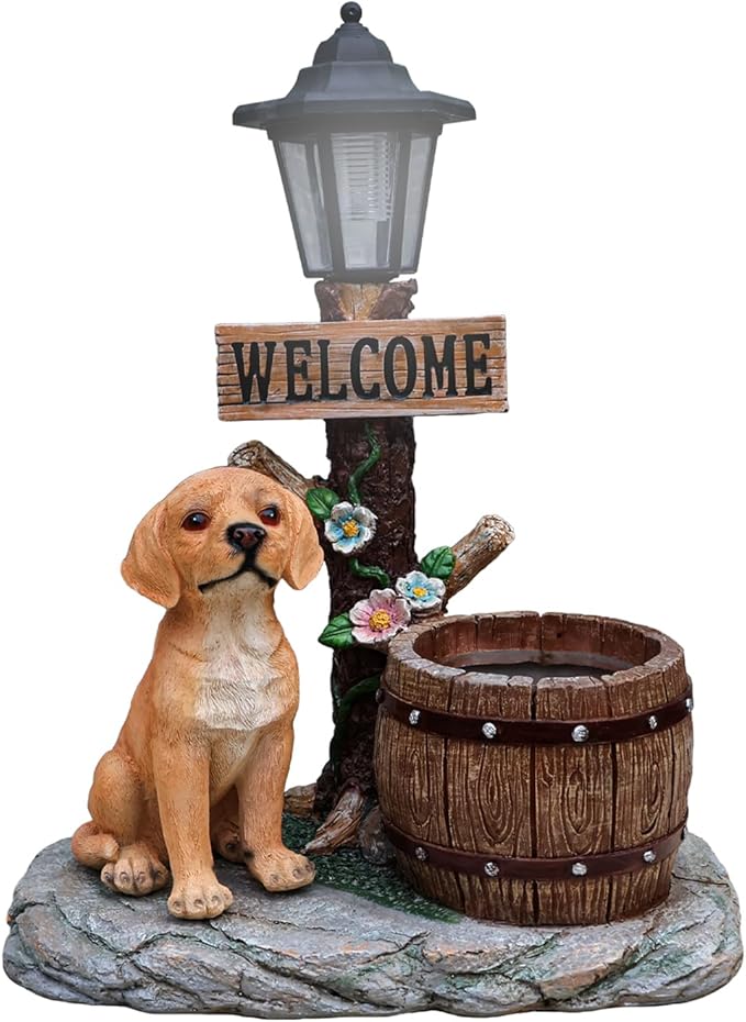 Animal Outdoor Statue Planter Solar Light Welcome Garden Sculpture Resin Flower Pot Decorative Porch Patio Yard Lawn Entryway Figurine with LED Lamp Rustic Plant Holder Ornament Courtyard (B)