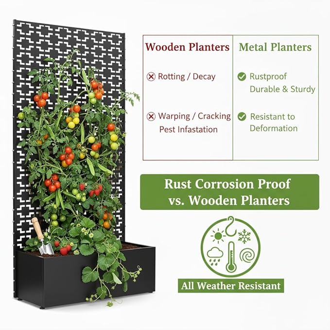 QINPTWUT Geometric Edition Privacy Screen Planter Box with Trellis, Metal Raised Garden Bed for Climbing Plants, 27 Gallon Outdoor Divider for Patio Balcony Backyard, Easy Assembly