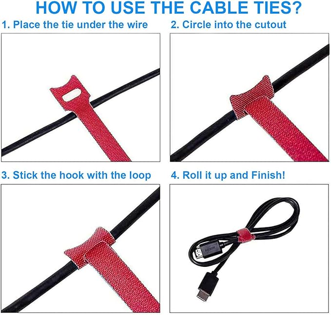California JOS 60 PCS 6 Inches Reusable Cable Ties, Wire Ties, Cord Organizer, Cable Organizer, Adjustable Cable Management - Red