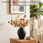 Artificial Flowers with Vase for Home Decor - Faux Mum Flower Arrangement Centerpiece, 12 Stems Beige and Brown Silk Flowers in Black Iron Vase for Dining Table Living Room Office Bedroom
