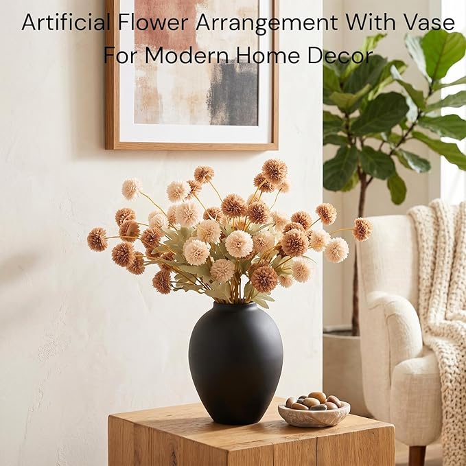 Artificial Flowers with Vase for Home Decor - Faux Mum Flower Arrangement Centerpiece, 12 Stems Beige and Brown Silk Flowers in Black Iron Vase for Dining Table Living Room Office Bedroom