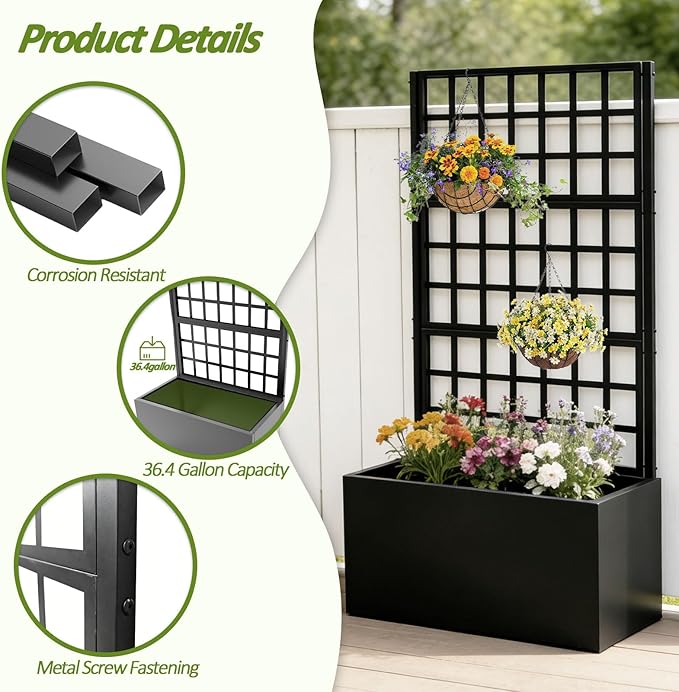 Metal Planter Box with Trellis - 63"(H)*31.5(L)*15.8"(W) Plastic-Coated Rustproof Trellis Planter, Raised Garden Bed with Trellis, Privacy Screen with Planter Box for Garden, Balcony, Patio