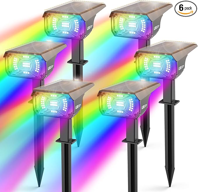LEREKAM Color Solar Lights Outdoor Waterproof Spotlights with 9 Light Modes, Color Changing Solar Outdoor Lights for Decorate Festivals, Colored Solar Spot Lights Auto On/Off, RGBW 6 Pack