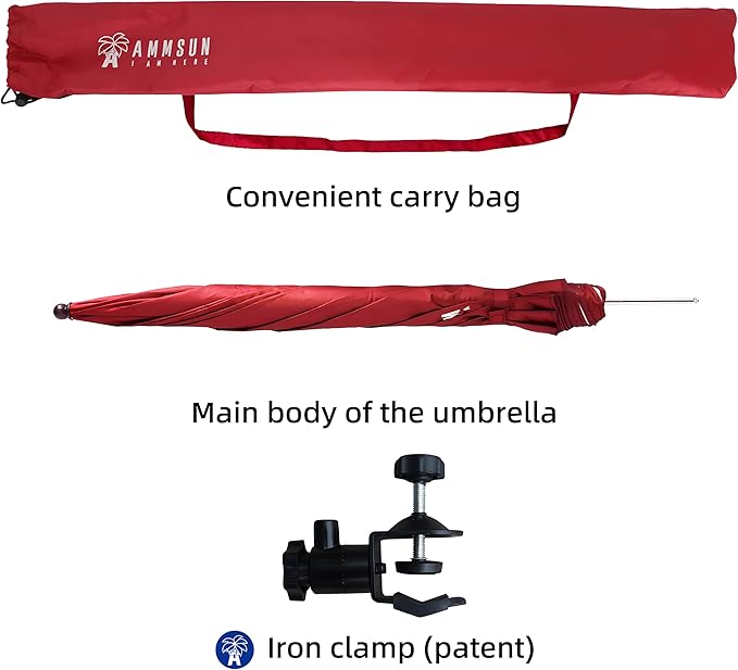 AMMSUN XL Chair Umbrella with Universal Clamp Adjustable 47 inches and 360-degree Swivel UPF 50+, Portable Clamp on Camping or Beach Chair, Stroller, Wheelchair, Golf cart, Red, Large-sized