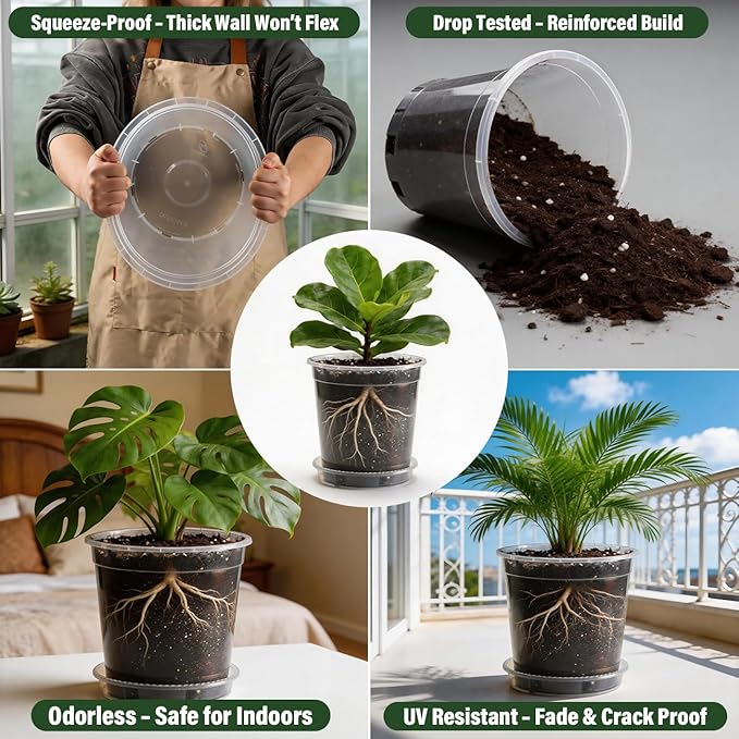BTPLASTIK 1/2/3/5 Gallon Clear Nursery Pots with Saucers 4 Size Set 12P, Round Plastic Plant Pots with Drainage Holes