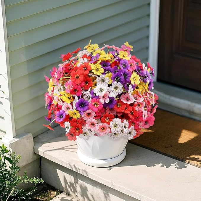 Artificial Outdoor Flowers 30 Bundles UV Resistant Fake Flowers No Fade Faux Plastic Plants Garden Porch Window Box Porch Farmhouse Hanging Decor(Mix Six Colors)