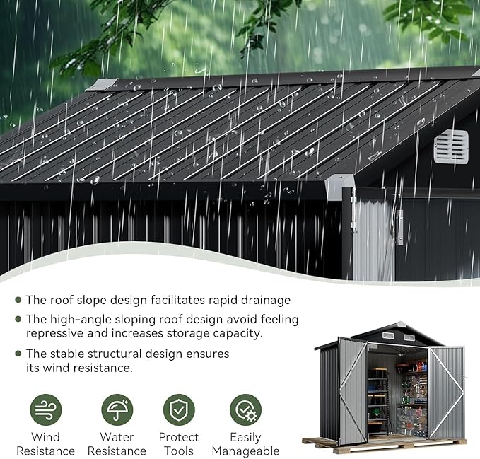 Aoxun 6' x 4' Outdoor Metal Storage Shed with Galvanized Steel Base, Heavy-Duty Garden Tool Shed for Patio, Lawn, and Garden, Black