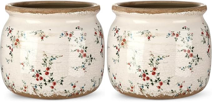 2 Pcs Vintage Planter Ceramic Plants Pot with Drainage Ice Crack Scroll Flower Vase Pot for Indoor Outdoor Plants Home Kitchen Decor Gifts(Rustic Rose,5.9")