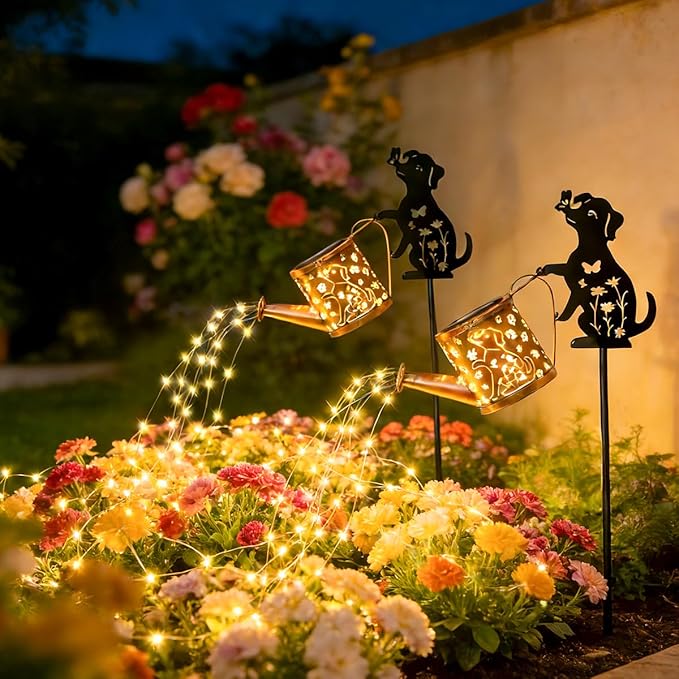 Solar Watering_Can Lights for Outside, 2Pack Watering_Can with Cascading Lights Shepherd's Hook, Metal Dog Statue Silhouette, Gardening Gifts for Women, Yard Decoration Outdoor and Garden Backyard