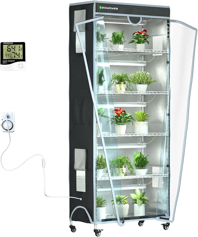 Indoor Greenhouse 6-Tier Plant Rack with Cover, 5 T8 Grow Lights, Thermometer & Timer – Seedlings, Flowering, Herbs & Vegetables, Indoor Gardening, Easy Assembly 30" W x 14" D x 72" H