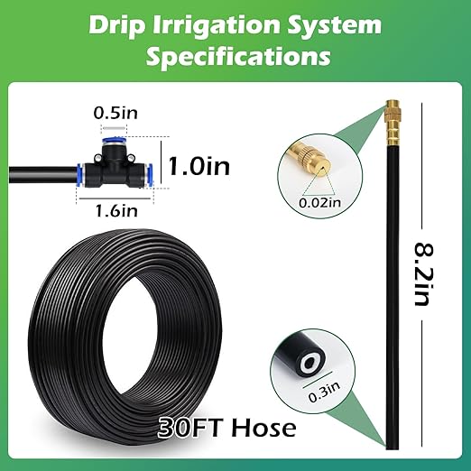 Drip Irrigation System 30 FT with 10 Nozzles, 360° Adjustable Bendable Garden Watering Misting System for Greenhouse, Yard, Lawn, Plant, Garden, 1/4 inch Hose