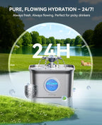 Stainless Steel Cat Water Fountain, 2.8L with 20dB Ultra-Quiet Pump- Ideal for Timid Pets, LED Water Level Window, Dishwasher Safe, 24/7 Circulation- Includes 3 Replacement Filters