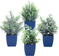 summer flower Set of 4 Fake Plants in Pot Small Artificial Eucalyptus Potted Plant Mini Wheat Grass Ferns Faux Greenery for Home Indoor Office Table Bathroom Farmhouse Decorations Blue