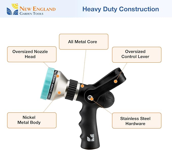 Heavy Duty Metal 10 Pattern Fireman’s Hose Nozzle 500003 with Lever Control and Comfort Grip by New England Garden Tools for Cleaning, Watering Plants & Yards, Washing Cars & Livestock