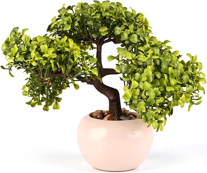 9.5 Inch Artificial Bonsai Tree with Ceramic Pot - Decorative Fake Plant for Home Office Living Room Window Sill, Fake Plants for Year-Round Decoration（White）