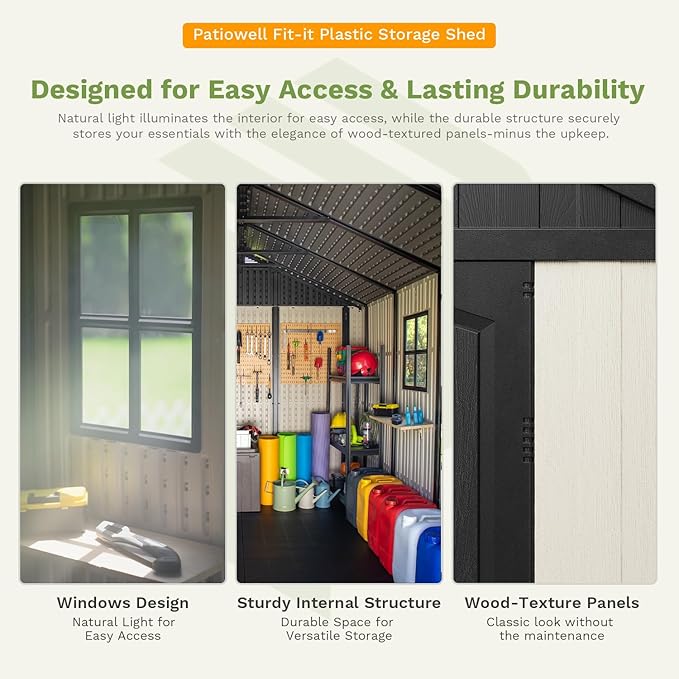Patiowell 8x10 FT Plastic Shed Outdoor Storage Shed with Floor, Resin Garden Tool Shed Lockable Door & Two Windows for Patio, Backyard, Bike & Organizer, Beige