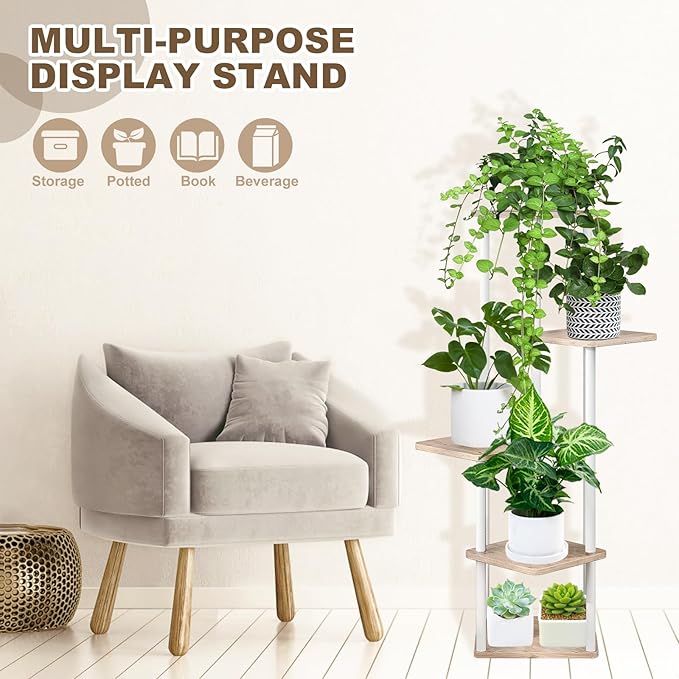 5 Tier Plant Stand Indoor, Thickened Metal Wood Corner Plant Shelf Stands for Multiple Plants, Indoor Tall Plants Stand Tiered Flower Holder for Living Room Patio Garden Balcony(White+Oak)