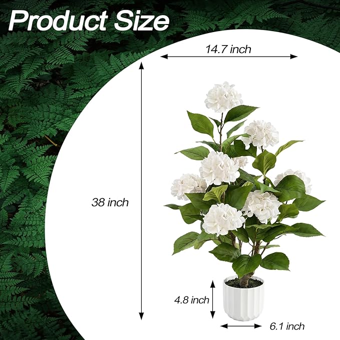 3FT Artificial Hydrangea Tree 2 Pack, Realistic Faux Hydrangea Plants in Pot with White Flowers, Lifelike Faux Greenery Home Indoor Outdoor Front Porch Garden or Wedding, White