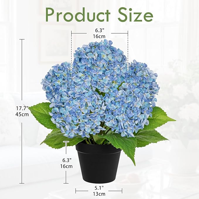 18" Hydrangea Artificial Flowers Plant in Black Plastic Pot, Fake Hydrangeas Plants for Home Office Indoor Outdoor Decor, Realistic Floral Centerpiece for Living Room & Porch Decorations, Blue