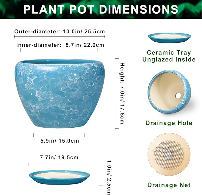 Indoor Plant Pots 10 Inch - Ceramic Planter for Outdoor Plants, Decorative Round Planter with Drainage Hole and Saucer, Flower Pots Outdoor, Apartment Decor, House Warming Gift, Bubble Blue