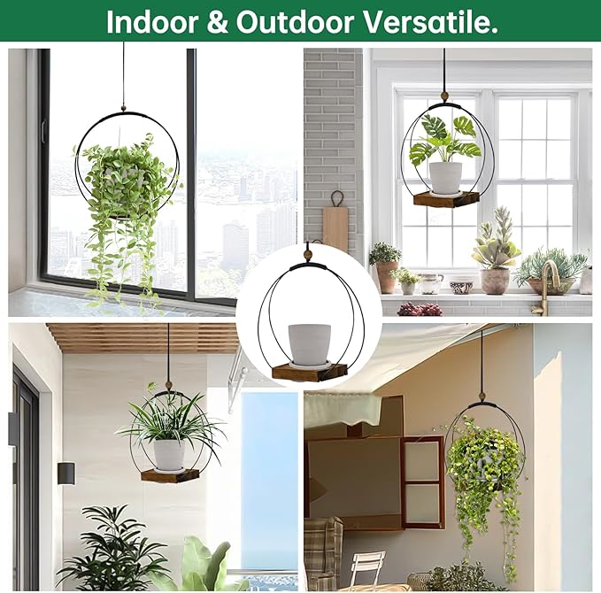 hismocal Hanging Planter for Indoor Plants,Plant Hanger with Sturdy Wood Base & Pot, Modern Boho Macrame Plant Hanger,Wall Ceiling Window Stands(2 Pack+Pots)
