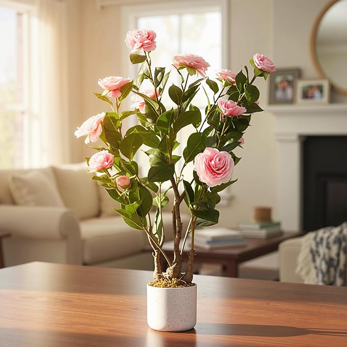 2.5FT Artificial Camellia Tree, Faux Camellia Plant with White Planter and 16 Pink Flowers, 30" Fake Potted Flower Trees for Home and Office Decor, Pink