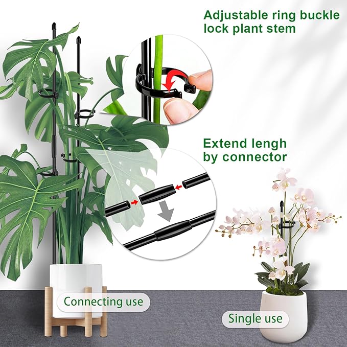 20Pcs Plant Support Stakes 17 inch SupKing Garden Orchid Sticks Extended to 3ft 4ft 5ft Plant Poles with Clips for Indoor Outdoor Potted Tomato Rose Amaryllis Vegetables Comes with 20 Ties(Black)