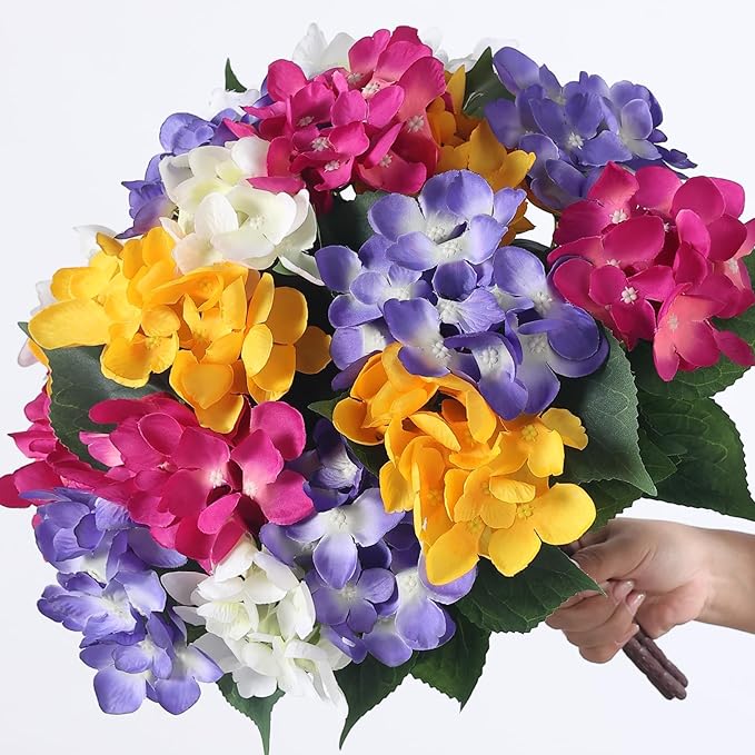 16 Bundles Artificial Hydrangea Flowers for Outdoor Decor, Realistic Faux Silk Bouquets Sun-Resistant Fake Plants for Front Door Balcony Farmhouse Garden Home Spring Summer Decor (Mixed Color)