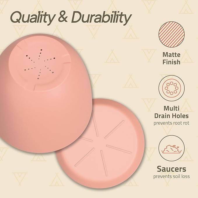 Planter Pots with Drainage Holes - Lightweight, Durable, and Space-Saving Pots for Indoor and Outdoor - Versatile Functionality, Simple Modern Design, Set of 3 Plastic Planter Pots - Pink