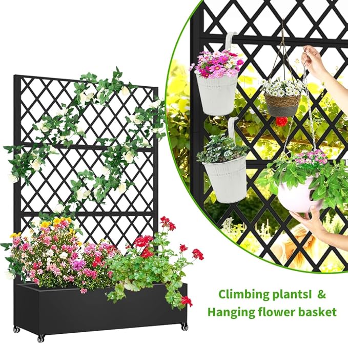 Metal Planter Box with Privacy Screen Trellis,Galvanized Raised Garden Bed On Wheels for Climbing Plants Vines, Standing Garden Flower Bed with Drainage Holes (Black, 47" L x16 W x 73" H)