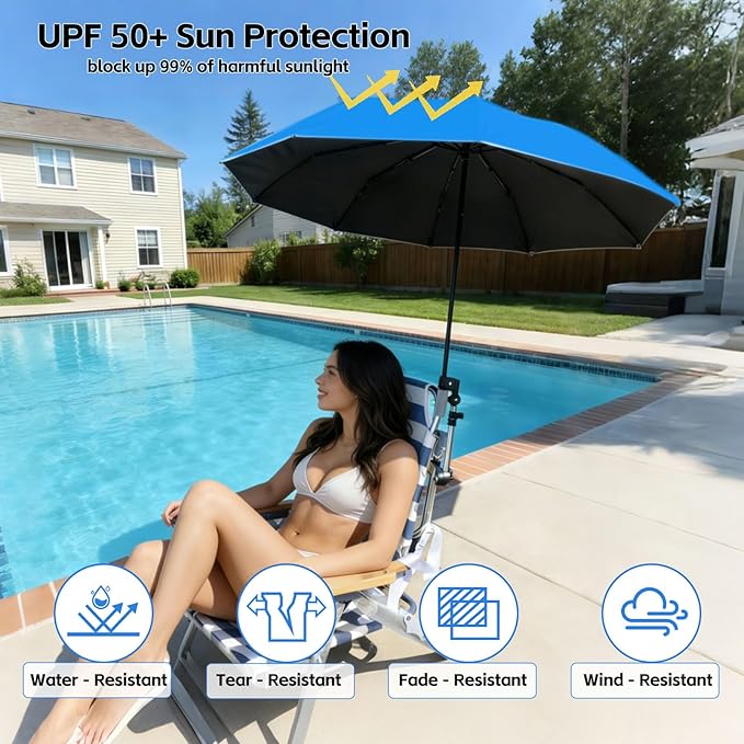 Beach Chair Umbrella with 360° Adjustable Clamp, 45in UPF 50+ Portable Folding Sun Shade for Outdoor Camping Wheelchair,Travel, Stroller, Patio, Golf Carts Plant Shade(Chair Not Included)
