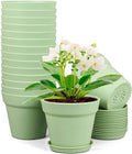 Meowell 4 inch Small Plastic Nursery Pots, 16 Pack Plant Pots for Indoor Outdoor Plants, Flower Pots with Drainage Holes and Saucers, Decorative Seedling Starter Planters for House Plants, Green