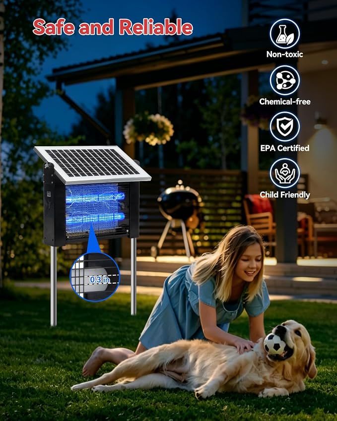 LANGY 10W Solar Bug Zapper Outdoor, 4500V Mosquito Zapper Outdoor Solar Waterproof Fly Zapper w 365nm Light, 5Ah Battery, 16.4ft Cord & Brush, Rechargeable Wireless Fly Insect Zapper Mosquitos Trap