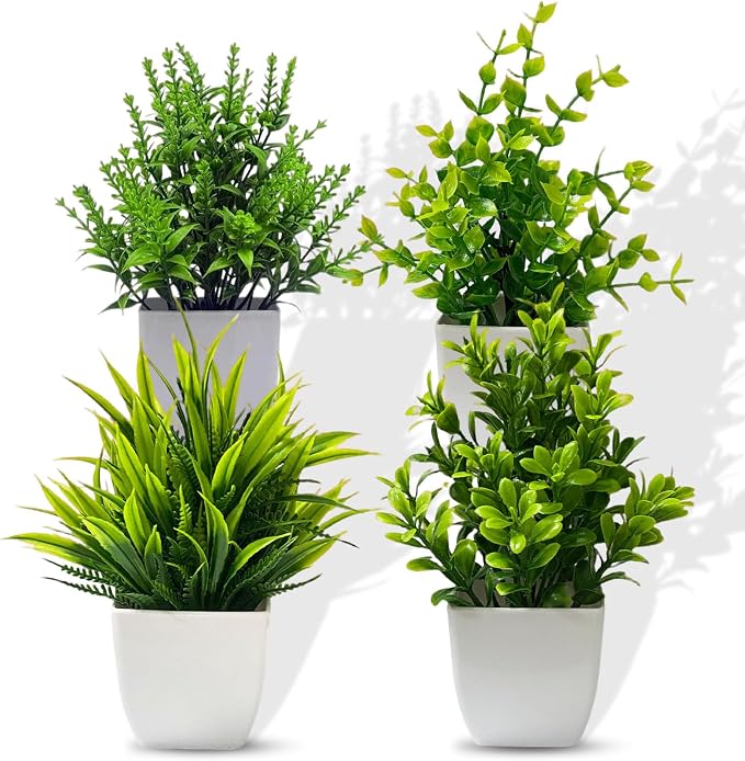 SZC&MFZ Mini Artificial Potted Plants Fake Plants,4 PCS Faux Potted Plants for Room,Home, Bathroom, Bedroom, Living Room, Kitchen and Office Decoration.