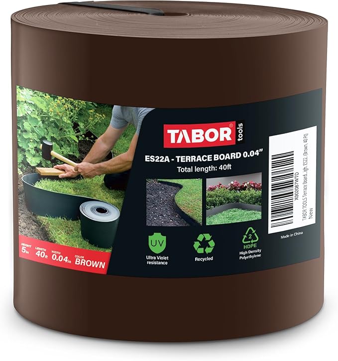 TABOR TOOLS 40 Ft Terrace Board, 5 Inch High, 0.04" Inch Thin, Landscape Edging Coil, Grass Barrier, Bender Board, Garden Liner, ES22. (Brown)
