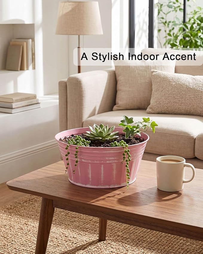 vensovo 10 Inches Pink Metal Rustic Plant Pots - 4 Pcs Large Shallow Galvanized Planters with Drain Hole and Rubber Plug, Rustproof Tin Bucket Succulent Pot Indoor Farmhouse Vintage Style for Decor