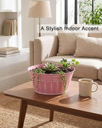 vensovo 10 Inches Pink Metal Rustic Plant Pots - 4 Pcs Large Shallow Galvanized Planters with Drain Hole and Rubber Plug, Rustproof Tin Bucket Succulent Pot Indoor Farmhouse Vintage Style for Decor