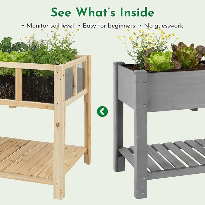 ketive Raised Garden Bed with Transparent Acrylic Panels, Elevated Wooden Raised Garden Bed Planter, Fir Wood Outdoor Planter Box for Herbs, Flowers & Patio Balcony Gardening (Natural)