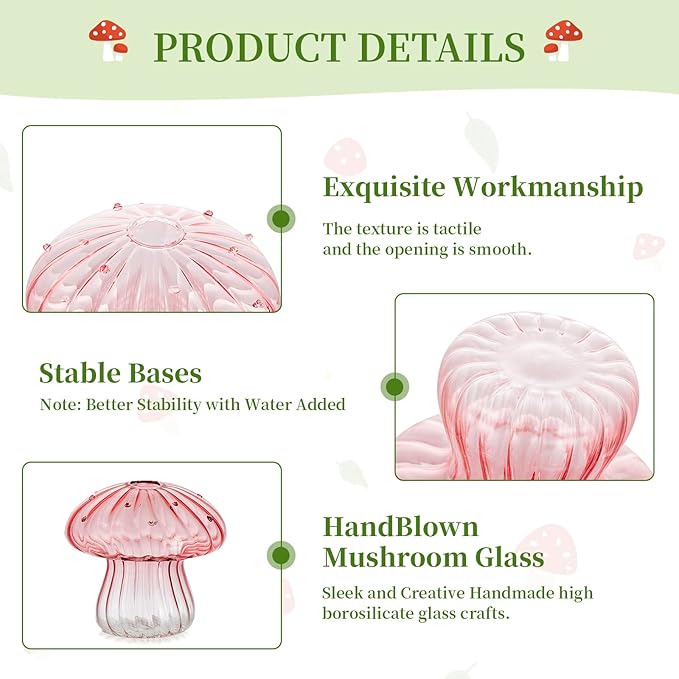 Glasseam Mushroom Plant Propagation Stations: Pink Glass Terrarium Jar Set of 5 Cute Planters for Indoor Plants Decorative Propagate Vase Unique Gifts for Women Home Office Decor
