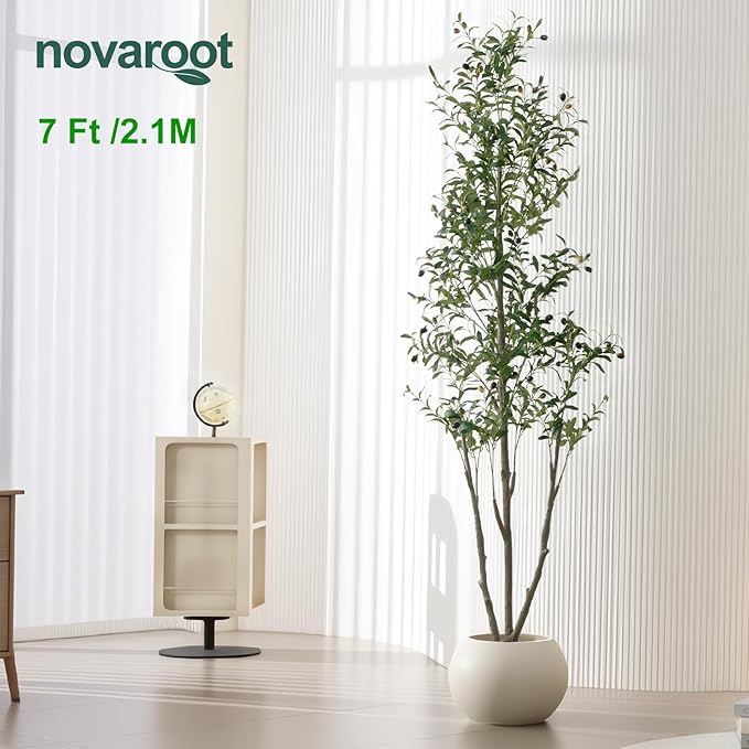 Olive Trees Artificial Indoor, 7FT Tall Faux Olive Tree with Light Kit Moss and Planter, Faux Plants Indoor with Natural Wood Trunk and Lifelike Fruits, Fake Tree for Home Office Living Room Decor