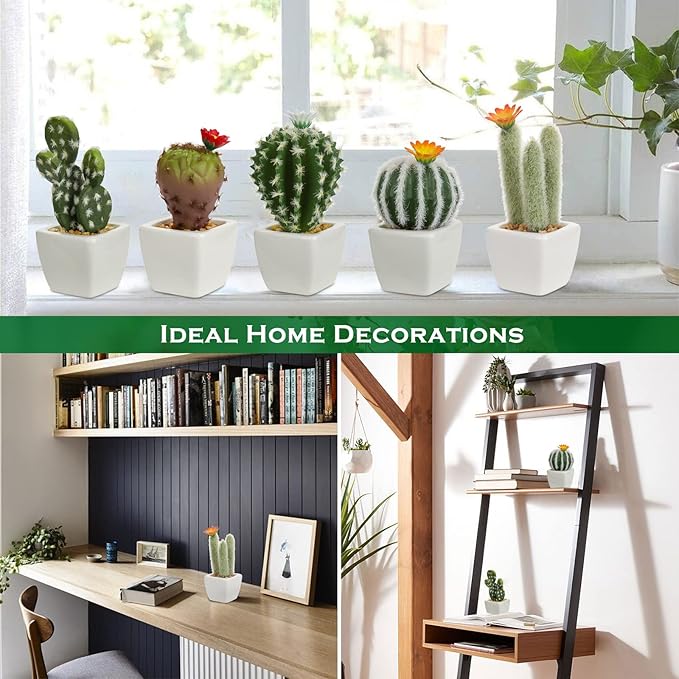 Oairse Mini Artificial Cactus Plants in Ceramic Pots 6 Pcs Potted Faux Succulents in Pots Fake Potted Plants Cactus Decor Small Artificial Plant for Home Decor Indoor Office Desk Tabletop Shelf