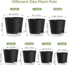 Meowell Self Watering Pots Set of 7 – Assorted Size 4" to 8" Indoor Plant Pots with Drainage Holes and Clear Reservoir for Visible Water Level, Plastic Wicking Planter for House Plants & Flower, Black