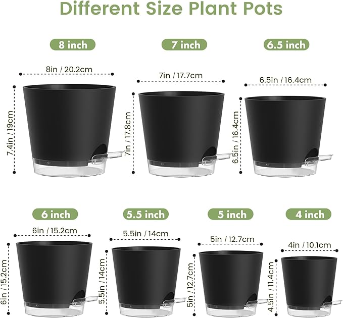 Meowell Self Watering Pots Set of 7 – Assorted Size 4" to 8" Indoor Plant Pots with Drainage Holes and Clear Reservoir for Visible Water Level, Plastic Wicking Planter for House Plants & Flower, Black