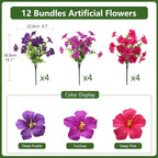 INQCMY Artificial Flowers for Outdoors Fake Plants Spring Summer Decoration, 12 Bundles Faux Petunias UV Resistant No Fade Realistic Silk Flower for Outside Planters Patio Porch Yard Window Box