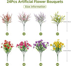 SHareconn 24 Bundles Artificial Flowers for Outdoors Decoration, Faux Plants Fake Silk Colorful Daisy Eucalyptus Lavender, UV Resistant for Outside Home Porch Indoor Spring Decor, RedRosyPurpleYellow