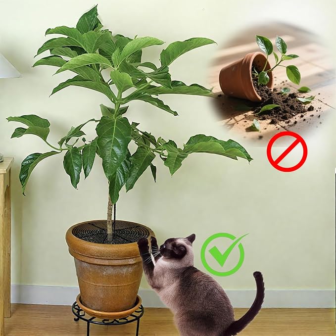 11.8 Inch Plant Pot Cover,Durable Cat & Dog Digging Stopper with Deep Stakes,Adjustable Soil Guard Grid for Indoor & Outdoor Flower Pots,Black Animal Protector